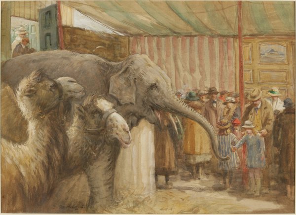 Painting showing circus animals including an elephant and camels.
